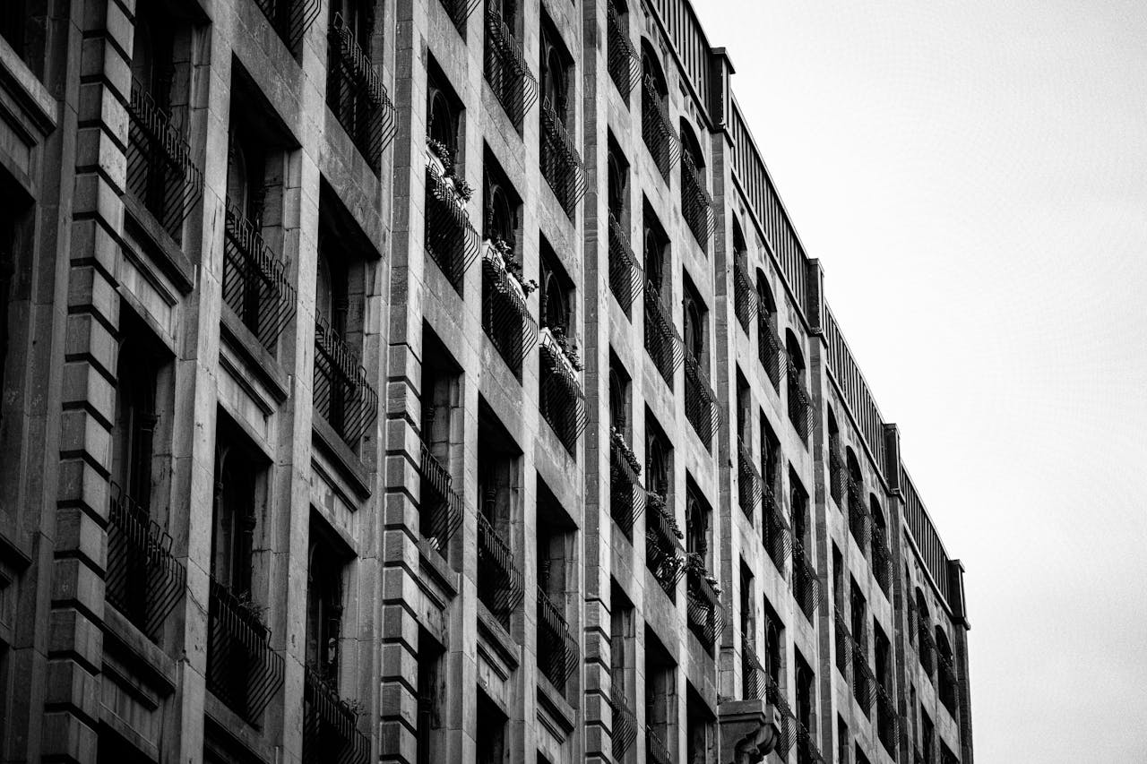 Explore the historic geometric architecture of Montreal with this black and white cityscape.